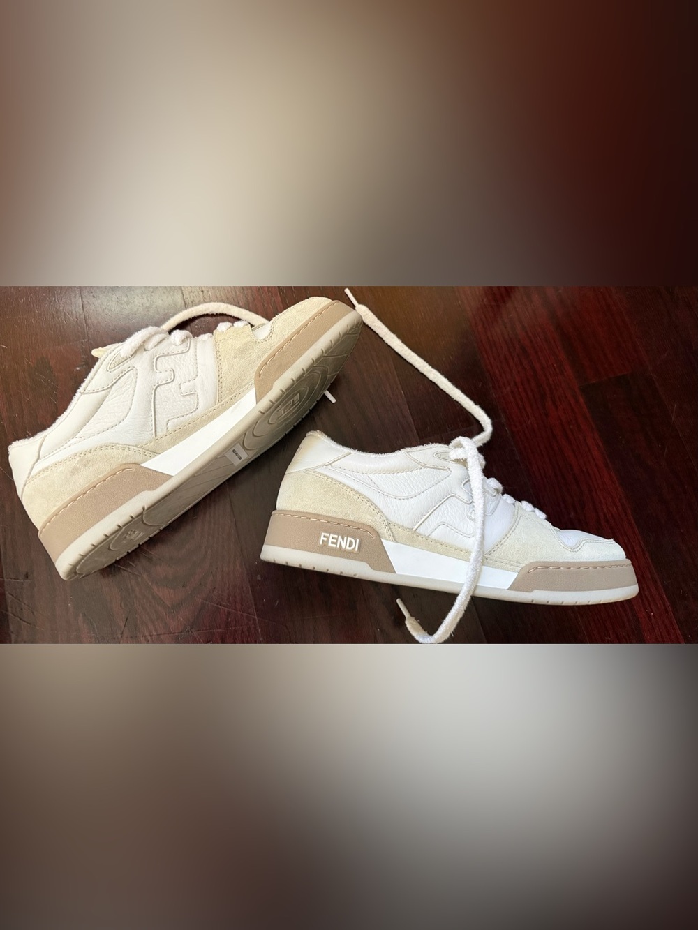 Fendi Flow Sneakers White Ivory Beige Leather Suede Low Top Designer Shoes 38